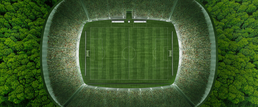Aerial view. Concept of sport, competition, winning, action. Empty area for championships, football field. Total green. Soccer stadium among dense forest