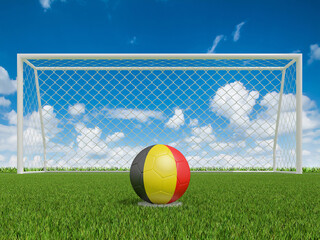  soccer balls in Belgium flags colors on soccer field .  3d rendering