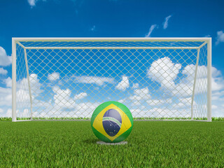  soccer balls in Brazil flags colors on soccer field .  3d rendering