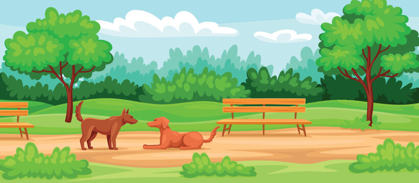 Beautiful park landscape. Dogs or puppies walk in park with benches, green trees and plants. Nature and environment. Animals play outdoor. Background for printing. Cartoon flat vector illustration