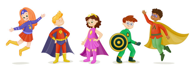 Set of kids in superhero costumes. Cute preschool boys and girls dressed as comic book characters with super powers. Uniform for parties and holidays. Cartoon flat vector collection isolated on white
