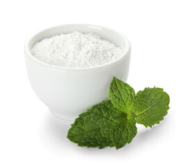 Bowl of tooth powder with mint on white background