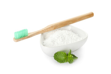 Bowl of tooth powder with mint and brush on white background