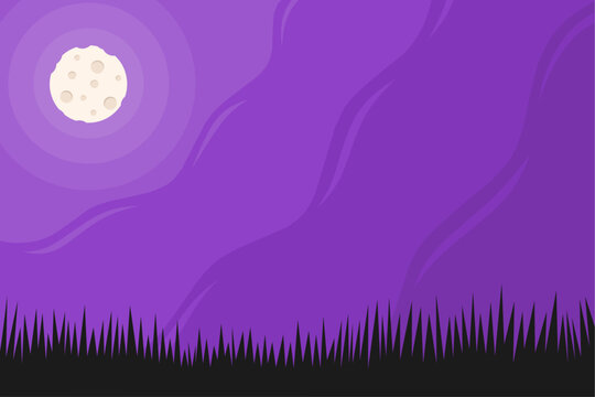 night grass landscape with purple sky and bright full moon
