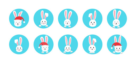 Fototapeta na wymiar Christmas rabbit vector circle icon, bunny in Santa Claus red hat. Symbol New Year 2023. Fun animal holiday illustration