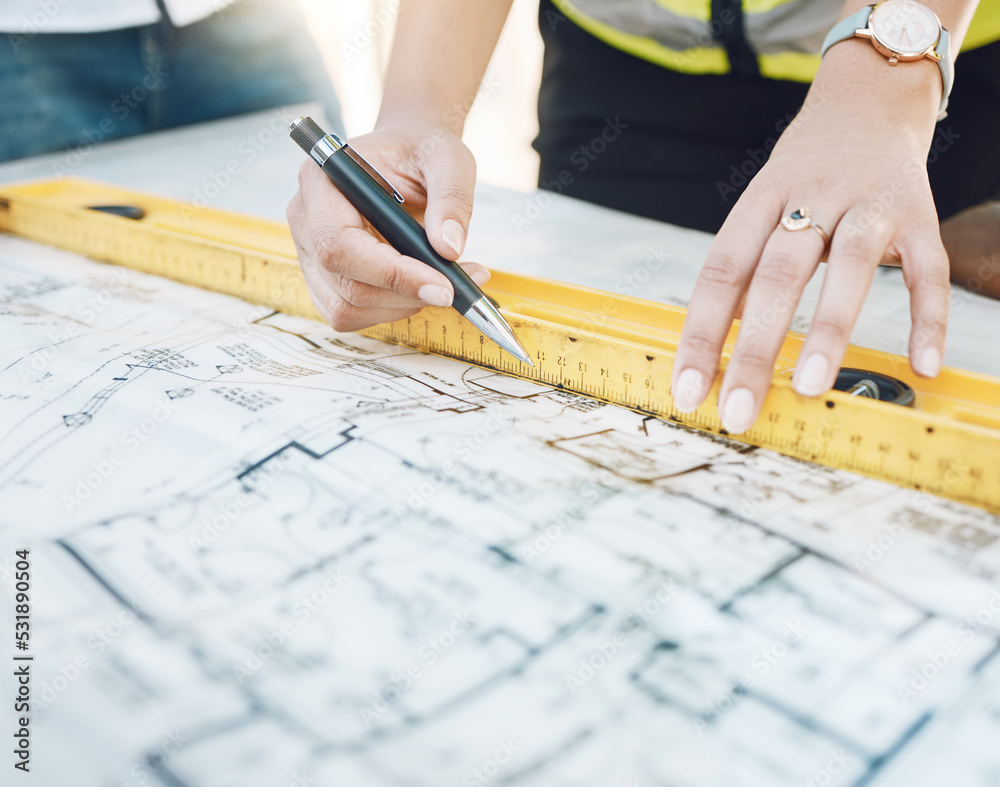 Aufkleber Hands, blueprint and architect planning with an architecture design and logistics for a building. Industrial designer and engineer working in collaboration with a floor plan, paper or project drawing