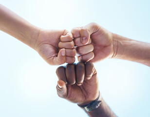 Fist bump, teamwork and friends in support, motivation and trust work together for success,...