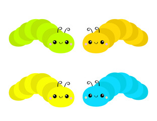 Caterpillar insect icon set. Crawling catapillar bug. Cute kawaii cartoon funny character. Baby collection. Colorful bright yellow green orange blue color. Flat design. White background.