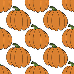 Seamless pattern with doodle orange pumpkin on white background. Vector image.