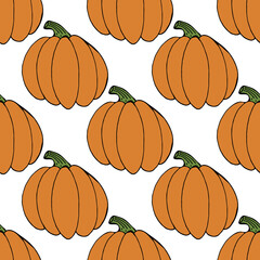 Seamless pattern with doodle orange pumpkin on white background. Vector image.
