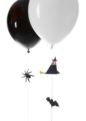Fototapeta na wymiar Halloween balloons with paper figures on white background