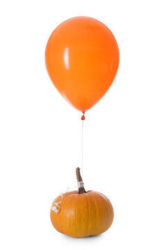 Halloween Pumpkin With Orange Balloon On White Background