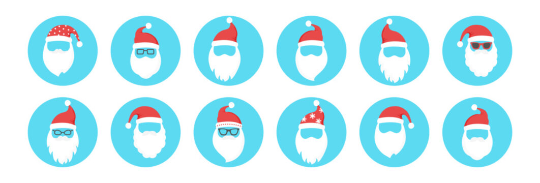Santa Claus face circle icon, Christmas cartoon character vector, cute winter man with breard and hat on blue background. Holiday illustration
