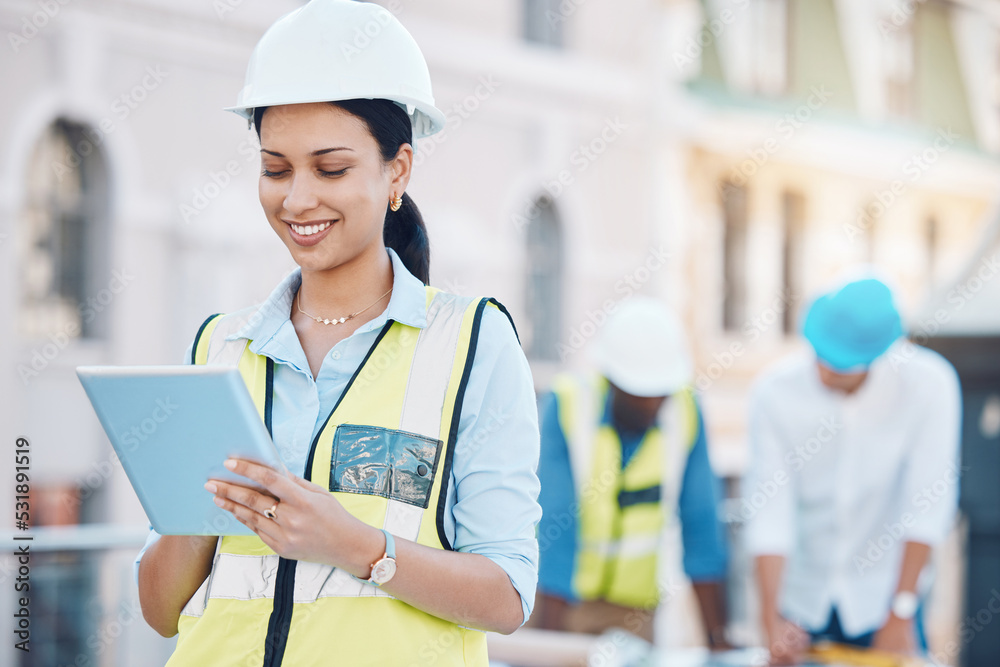 Poster construction, building and tablet with a woman architect working in the city on a build site with he