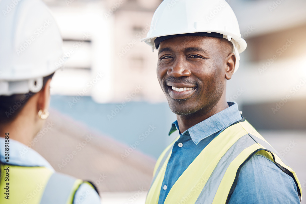 Poster black man engineer or architect portrait with helmet, safety gear and outdoor lens flare. trust, exp