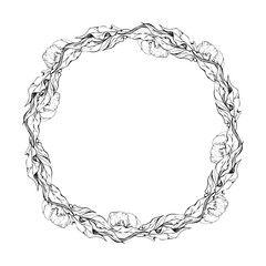 Hand drawn vector circle frame wreath arrangement with peony flowers, buds and leaves. Isolated on white background. Design for invitations, wedding or greeting cards, wallpaper, print, textile