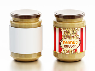 Peanut butter jars with white and product labels isolated on white background. 3D illustration