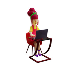 A Worker Mother 3D Cartoon Character 3D Cartoon Design working on a desk with a laptop