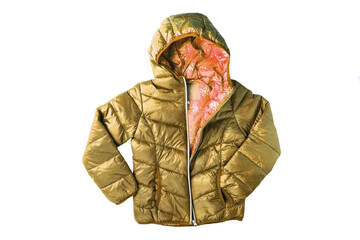 Down jacket for children. Stylish golden cosy warm winter down jacket for kids isolated on a white...