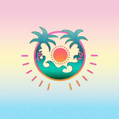 Tropical landscape, illustration, in a circle, sea, palm trees, sun, colored background