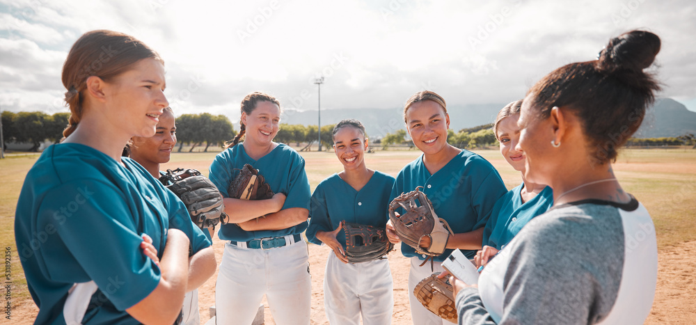 Sticker Baseball, team and women with coach talking, conversation or speaking about game strategy. Motivation, teamwork and collaboration with leader coaching girls in softball sports training exercise.