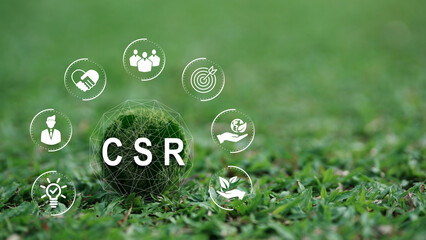 Corporate and community social responsibility give back CSR icon concept on green nature background. - obrazy, fototapety, plakaty