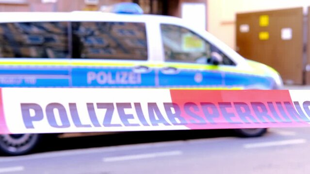 Frankfurt - March 2022: typical german police cars on streets of germany, frankfurt am main law enforcement officers guarding order on vehicles, demonstrations, protest rallies, investigating crimes
