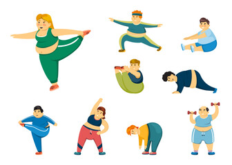 fat sport people. daily fitness routine for body positive fat characters. Vector persons isolated