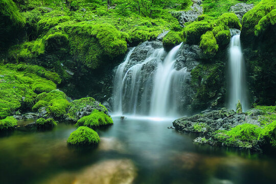 Waterfall with rocks and green moss