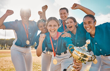 Winner, success and trophy with women baseball team in celebration at park field for sports,...
