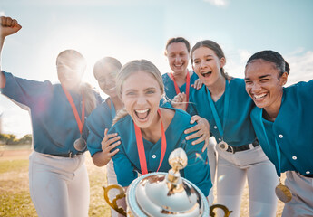 Winning trophy and team of women in baseball portrait with success, achievement and excited on...