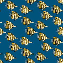 Seamless pattern with cute sea fish on dark blue background. Vector image.