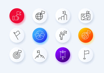 Achievements flags set icon. Target, goal, planet, top, career, chart, map, destination, employee, mountain, achieve. Business concept. Neomorphism style. Vector line icon for Business and Advertising