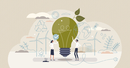 Corporate social responsibility or CSR as fair business tiny person concept. Sustainable and environmentally friendly corporation using renewable resources and green thinking vector illustration. - obrazy, fototapety, plakaty