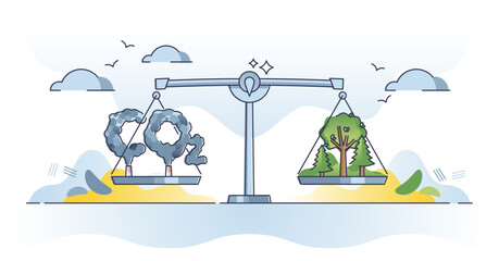 Carbon neutrality and equal CO2 emission balance with nature outline concept. Greenhouse dioxide gases on scales with trees and forests that observes pollution for climate harmony vector illustration. - obrazy, fototapety, plakaty