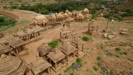 Aerial view of visitors arriving at Bada Bagh cenotaphs. Tourism in India