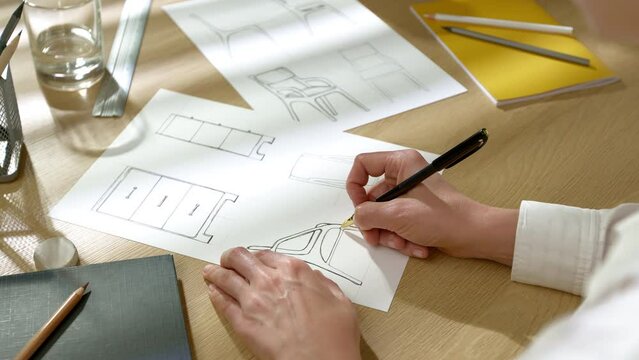 The designer draws sketches of furniture products on paper. The artist creates a prototype of chairs.