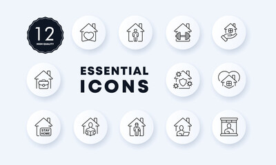 Home life set icon. Heart, stay, sport, barbell, briefcase, remote work, virus protection, read book, courier, laptop, quarantine, incubation period. Domesticity concept. Neomorphism. Vector line icon