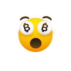 I've Become Rich - Funny Smiling Emoji with Open Mouth and Bitcoin Signs in Pop Out Eyes - Simple Happy Emoticon on Transparent Background