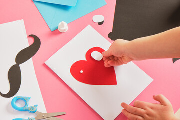 child makes a card for father's day, red paper heart with mustache, card for dad step by step...