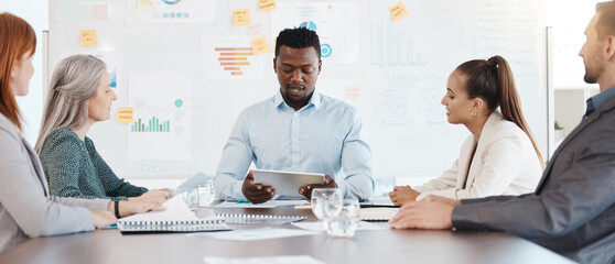 Business meeting, planning and teamwork marketing of diversity startup with strategy chart, graph and documents. Corporate advertising manager in collaboration, leadership and success of target goal