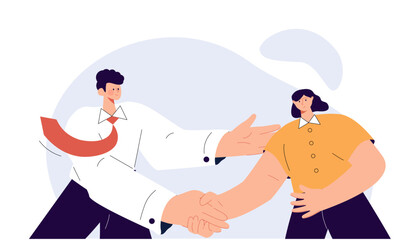 Business woman and man greeting with handshake. Happy partners, office colleagues shaking hands with respect at work. - obrazy, fototapety, plakaty