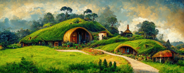 Green hills and hobbit houses in the summer at the shire. Inspiration painting artwork of New Zealand. Hobbit hole artwork digital drawing with green hills and tiny houses in a fantasy illustration - obrazy, fototapety, plakaty