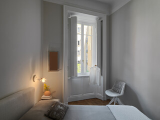 internal view of a bedroom with wooden floor