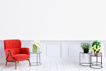Wallpaper mockup  in a bright living room with indoor plants . 3d rendered illustration.