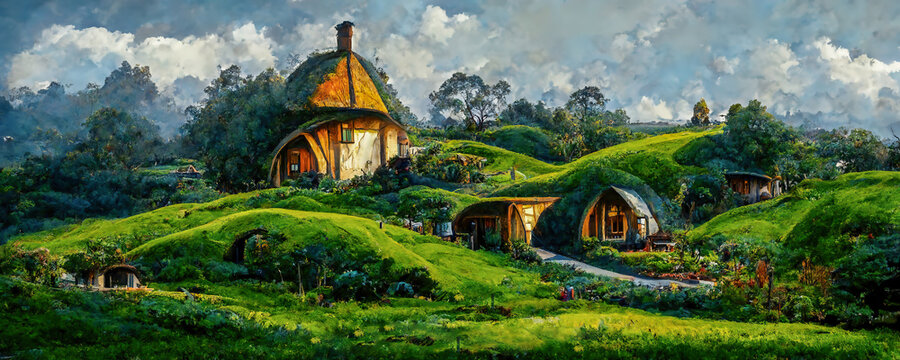 Green hills and hobbit houses in the shire. Inspiration painting artwork of New Zealand. Hobbit hole artwork digital drawing with green hills and tiny houses.