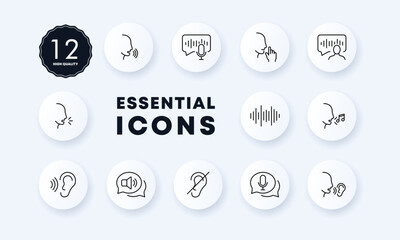 Sound set icon. Speak, ear, hear, be quiet gesture, hearing, voice massage, mail, wave, megaphone, volume, speech bubble, crossed out. Communication concept. Neomorphism style. Vector line icon - obrazy, fototapety, plakaty