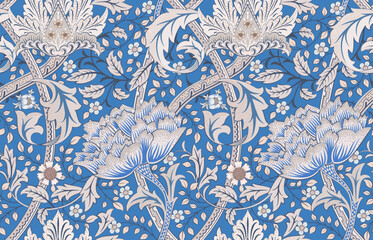 Floral seamless pattern with big flowers on blue background. Vector illustration.