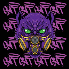 vector illustration of cat wearing gas mask
