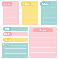 Cute paper notes. Stationary set. Scrapbook notes and cards.Printable planner stickers. To Do List note. Template for your message. Decorative planning element. Vector illustration.